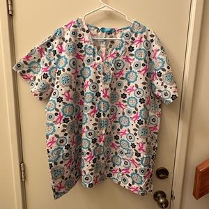 Jdm Scrub Top 2xl xxl Breast Cancer Awareness Flowers